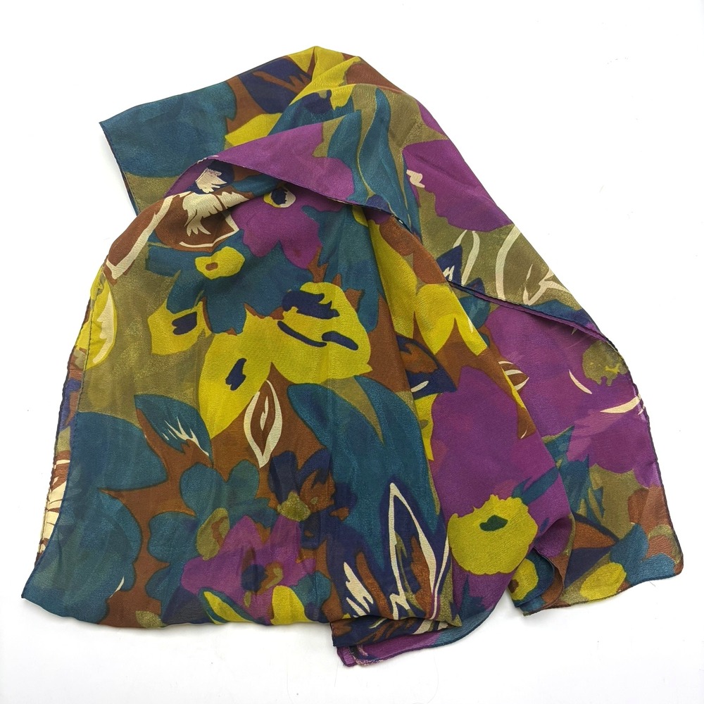 Floral Silk Scarf Made Italy Purple Whimsigoth Feminine Flowy Rectangle Abstract